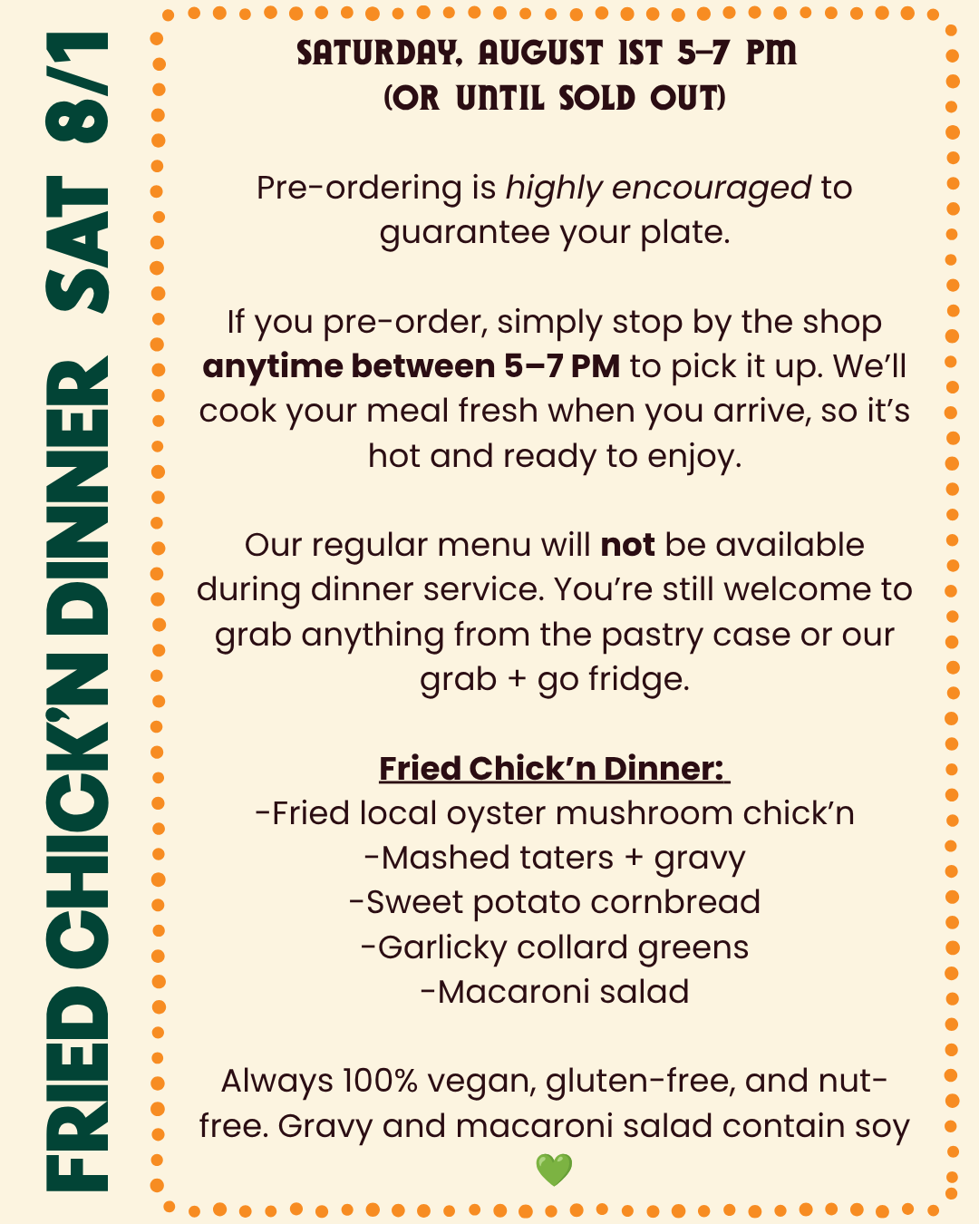 Fried Chick’n Dinner on 8/1